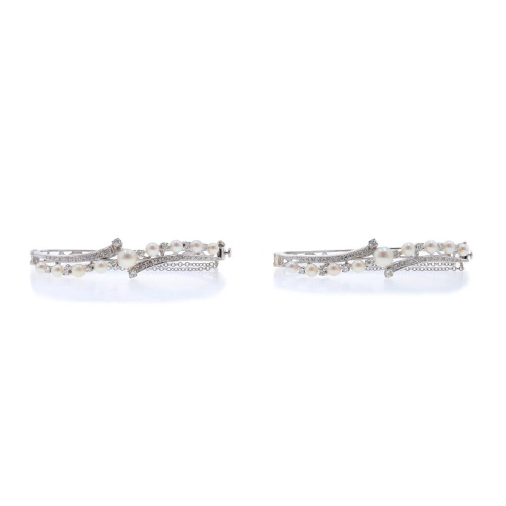 White Gold Diamond Akoya Pearls Bracelets 6 1/4" 14k Round & Single 1.08ctw Set
